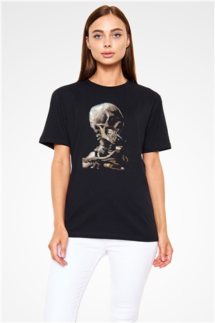 Sigara İçen İskelet Baskılı Unisex Siyah Tişört