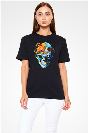 Renkli Kurukafa Baskılı Unisex Siyah Tişört
