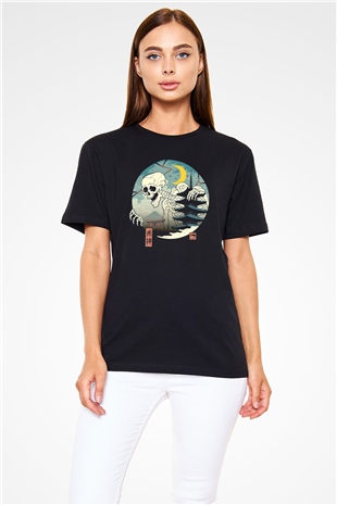 Uzakdoğulu İskelet Baskılı Siyah Unisex Tişört