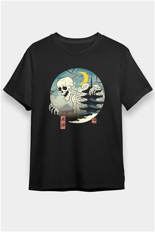 Uzakdoğulu İskelet Baskılı Siyah Unisex Tişört