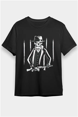 Gangster İskelet Baskılı Unisex Siyah Tişört