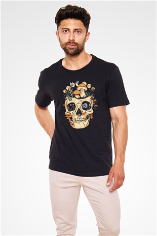 Mantar Kurukafa Baskılı Unisex Siyah Tişört