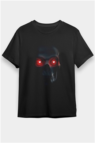 Kalp Gözlü Kurukafa Baskılı Unisex Siyah Tişört