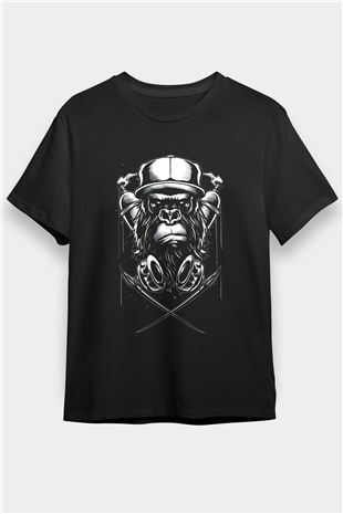 Graffiti Goril Baskılı Unisex Siyah Tişört