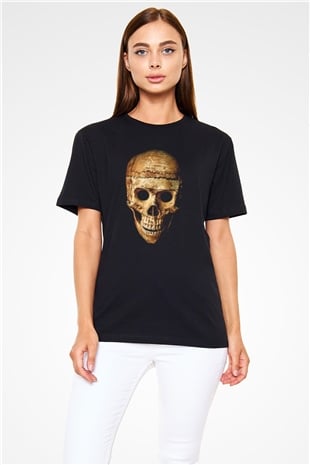 Gerçekçi Kurukafa Baskılı Siyah Unisex Tişört