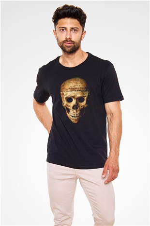 Gerçekçi Kurukafa Baskılı Siyah Unisex Tişört