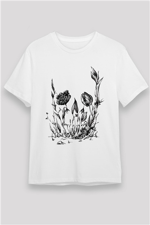 Çiçekli Kurukafa Silüet Baskılı Unisex Beyaz Tişört