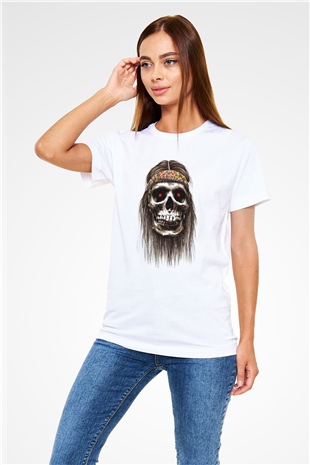 Hippi Kurukafa Baskılı Unisex Beyaz Tişört