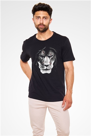 Yaralı Yüzlü Aslan Baskılı Unisex Siyah Tshirt