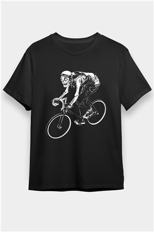 Bisikletçi İskelet Baskılı Unisex Siyah Tshirt