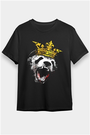 Kral Panda Temalı Unisex Siyah Baskılı Tişört