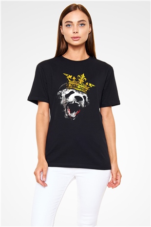 Kral Panda Temalı Unisex Siyah Baskılı Tişört
