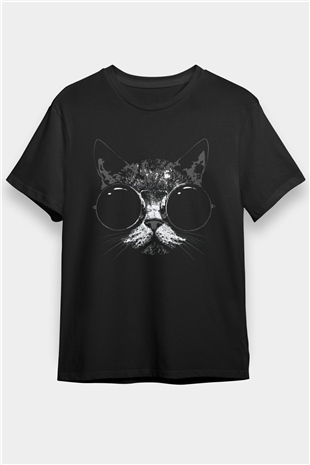 Gözlüklü Karizmatik Kedi Temalı Baskılı Unisex Siyah Tişört