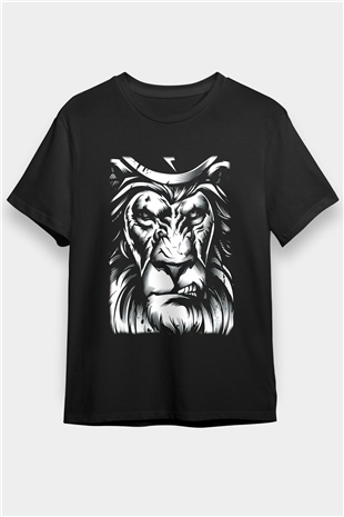 Sinirli Aslan Baskılı Unisex Siyah Tişört