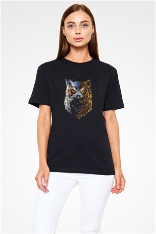 Baykuş Baskılı Unisex Siyah Tişört