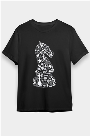 Satranç Baskılı Siyah Unisex Tişört