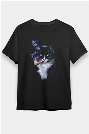 Puro İçen Karizmatik Kedi Baskılı Unisex Siyah Tişört