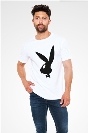 Playboy Tavşan Baskılı Siyah Tişört
