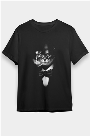 Smokinli Sigara İçen Kedi Baskılı Unisex Siyah Tişört