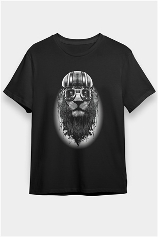 Pilot Aslan Baskılı Unisex Siyah Tişört
