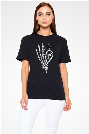 Sigara İçen İskelet Baskılı Unisex Siyah Tişört