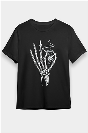 Sigara İçen İskelet Baskılı Unisex Siyah Tişört