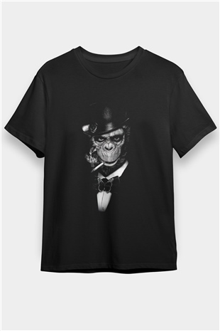 Smokinli Goril Baskılı Unisex Siyah Tişört