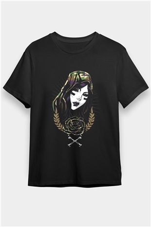 Asker Geyşa Baskılı Unisex Siyah Tişört