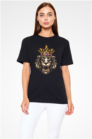 Kral Taçlı Aslan Baskılı Unisex Siyah Tişört
