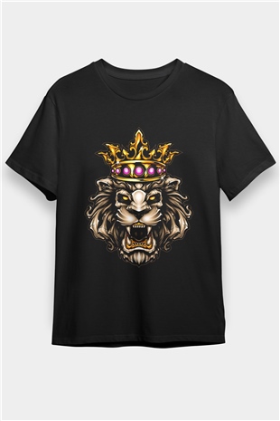 Kral Taçlı Aslan Baskılı Unisex Siyah Tişört
