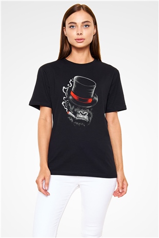 Puro İçen Şapkalı Goril Baskılı Unisex Siyah Tişört