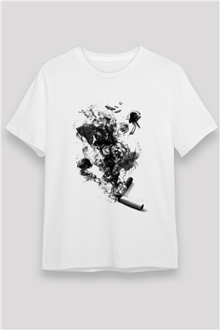 Akvaryumdaki Sigara Baskılı Unisex Beyaz Tişört