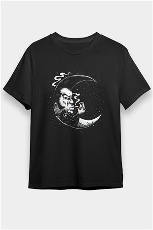 Sigara İçen Elvis Yarım Ay Baskılı Unisex Siyah Tişört