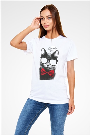 Papyonlu Şirin Kedi Baskılı Unisex Beyaz Tişört
