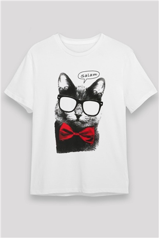 Papyonlu Şirin Kedi Baskılı Unisex Beyaz Tişört
