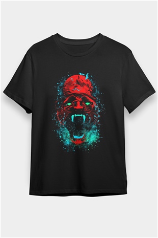 Kırmızı Panter Baskılı Unisex Siyah Tişört
