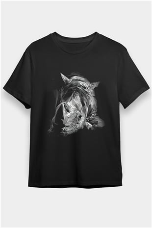 Elmas Gergedan Baskılı Unisex Siyah Tişört