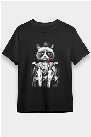 Mafya Babası Kedicik Baskılı Unisex Siyah Tişört