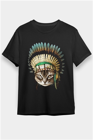 Kızılderili Lideri Kedi Baskılı Unisex Siyah Tişört