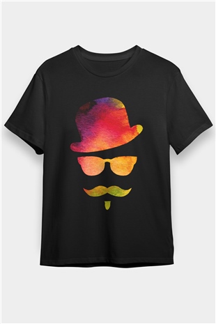 Retro Hipster Baskılı Unisex Siyah Tişört