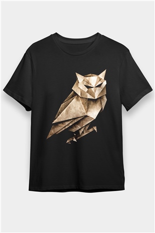 Origami Baykuş Baskılı Unisex Siyah Tişört
