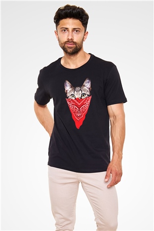 Bandanalı Kedi Baskılı Unisex Siyah Tişört