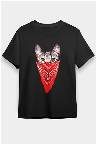 Bandanalı Kedi Baskılı Unisex Siyah Tişört