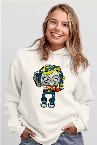 Task Master Skull Boombox Baskılı Unisex Beyaz Hoodie