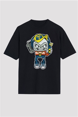 Task Master Skull Boombox Baskılı Unisex Siyah Oversize Tişört