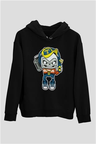 Task Master Skull Boombox Baskılı Unisex Siyah Hoodie