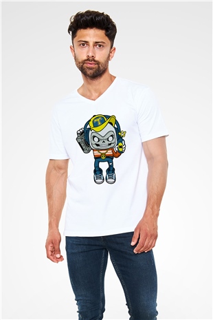Task Master Skull Boombox Baskılı Unisex Beyaz V Yaka Tişört