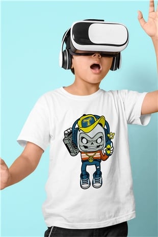 Task Master Skull Boombox Baskılı Unisex Beyaz Çocuk Tişört