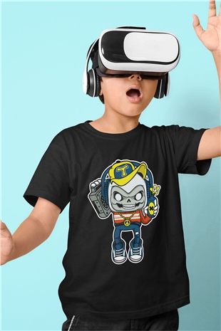 Task Master Skull Boombox Baskılı Unisex Siyah Çocuk Tişört