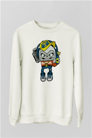 Task Master Skull Boombox Baskılı Unisex Beyaz Sweatshirt